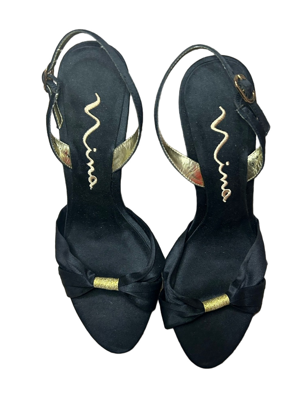 Nina Black Satin Slingback Sandals With Gold Trim